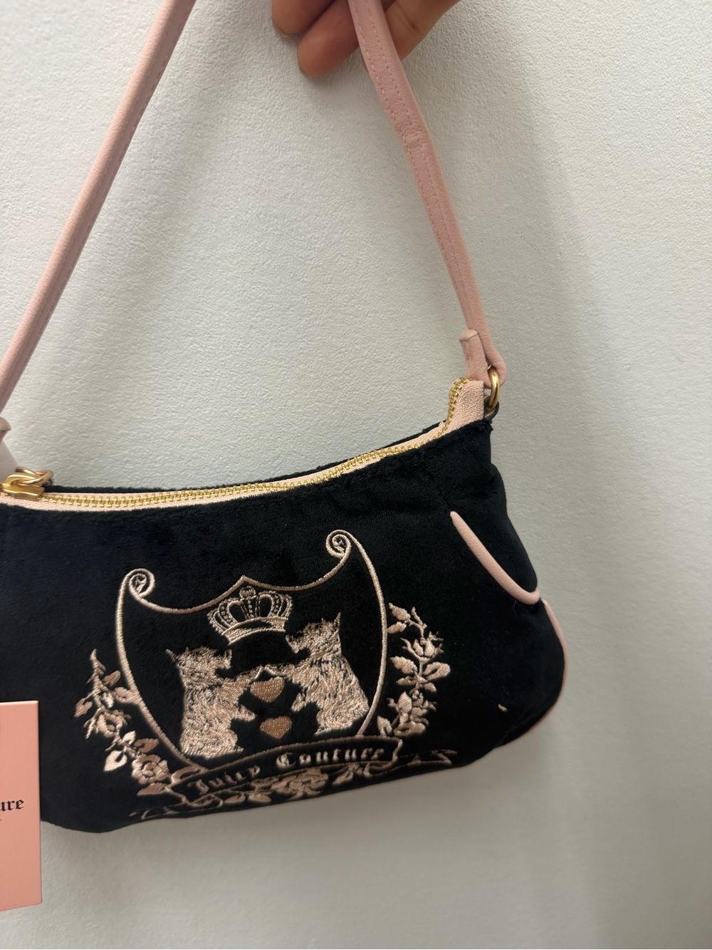 Embroidered Black Mini Shoulder Bag with Pink Strap